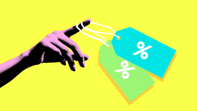 Poster. Contemporary art collage. Pink hand holding sales coupons against pastel yellow background. Vintage style. Concept of Black Friday, shopping, special offer, Cyber Monday, delivery.