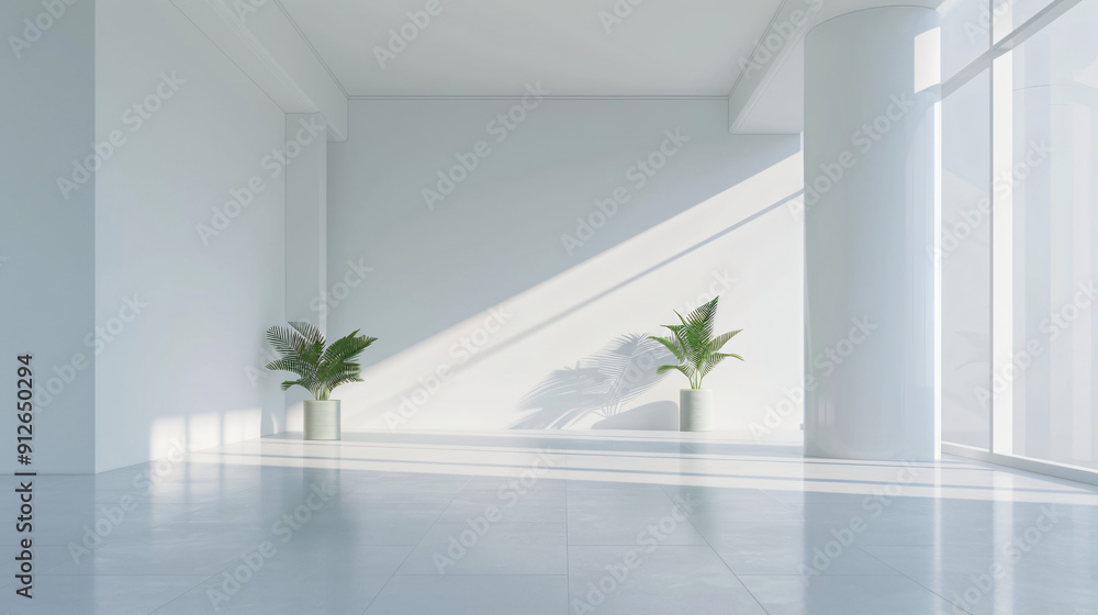 Poster minimalist open space with two potted plants casting shadows on a white wall