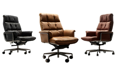 Obraz premium The office chair from black leather. Isolated, Empty Black Leather Office Chair, set of black office chair isolated on png white transparent background, The office chair from black leather. Isolated