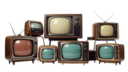 Retro old televisions pile on floor in front with clipping path isolated on transparent background. Antique and vintage style, TVs blank screen display