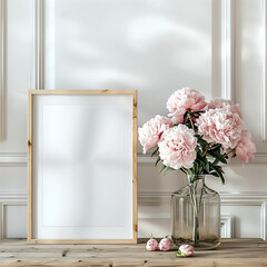 Wood frame mockup for small size artwork on the desk with flower on vase