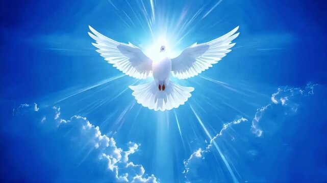 holy spirit as a white dove in rays of light isolated on blue sky, symbolizing Christian enlightenment and peace in cartoon flat design style animation  -- 4k stock video footage AI