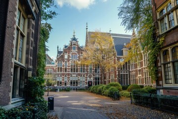 Naklejka premium University campus courtyard with beautiful brick buildings and autumn foliage