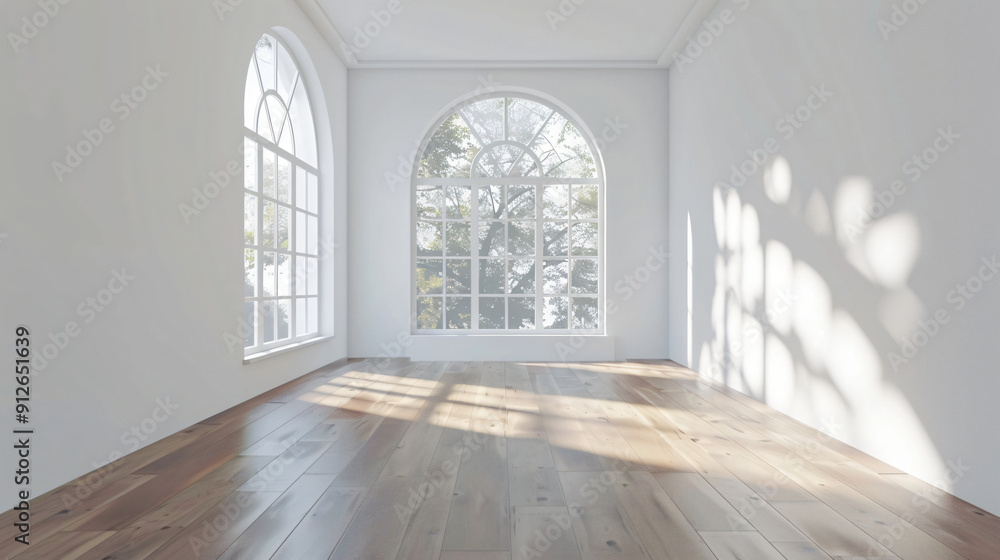 Poster sunlight is illuminating an empty room with arched windows and wood floors