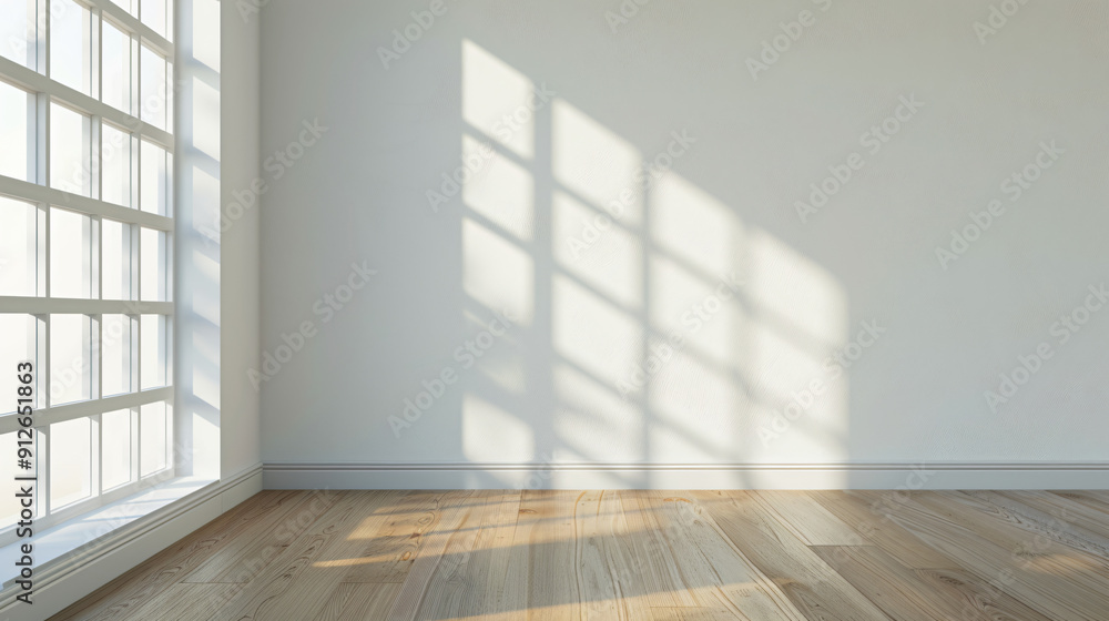 Poster sunlight casting window shadows on empty white room wall