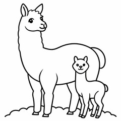 A beautiful Alpaca is standing with baby on the grass art vector illustration