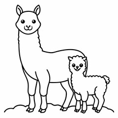 A beautiful Alpaca is standing with baby on the grass art vector illustration
