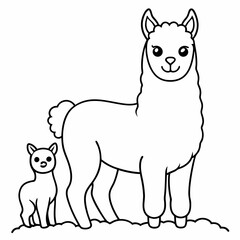 A beautiful Alpaca is standing with baby on the grass art vector illustration