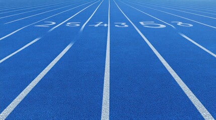 Blue running track with white numbers on the ground, isolated in front of a clean background. The track is curved and around it as a start or finish line