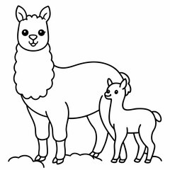 A beautiful Alpaca is standing with baby on the grass art vector illustration