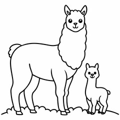 A beautiful Alpaca is standing with baby on the grass art vector illustration