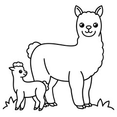 A beautiful Alpaca is standing with baby on the grass art vector illustration