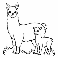 A beautiful Alpaca is standing with baby on the grass art vector illustration