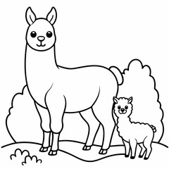 A beautiful Alpaca is standing with baby on the grass art vector illustration