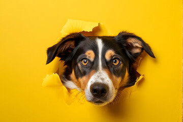 A dog's face is peeking out from a yellow background