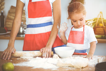 Happy woman and her daughter are kneading the dough and baking cookies for a delicious family feasting in sunny kitchen. Christmas, New year, Thanksgiving, Anniversary, Mothers Day. Healthy meal