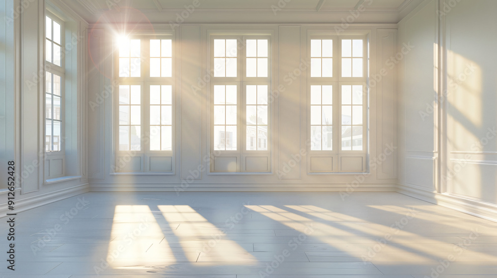 Poster Sunlight is streaming through windows into a large empty room with white walls
