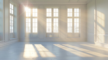Obraz premium Sunlight is streaming through windows into a large empty room with white walls