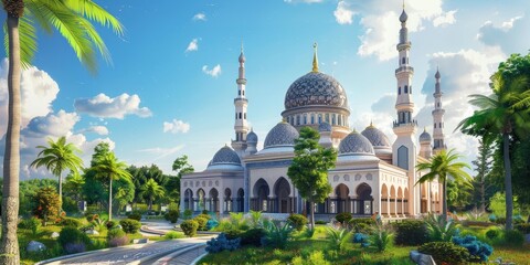 Obraz premium Mosque with gardens under blue sky.
