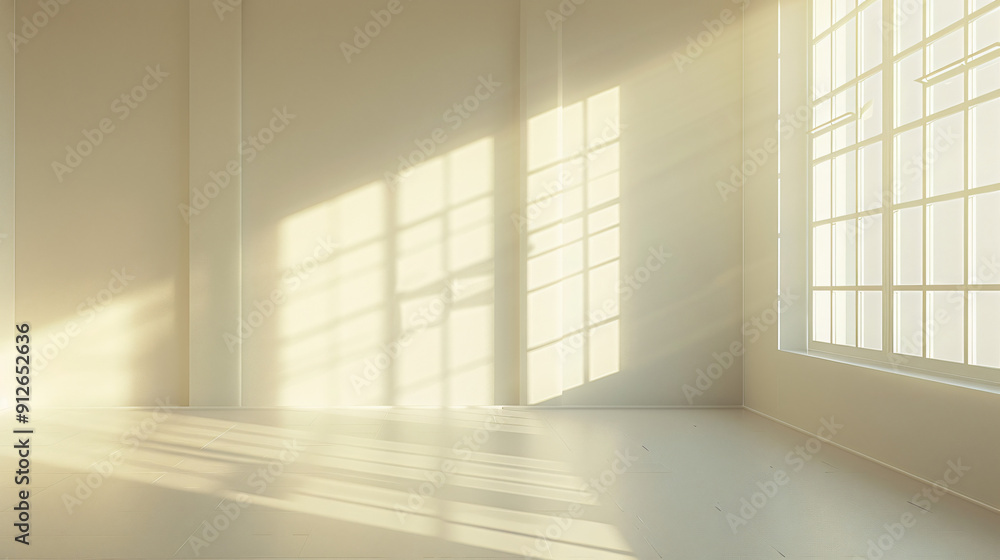 Poster Sunlight streaming through a window is illuminating an empty room with white walls