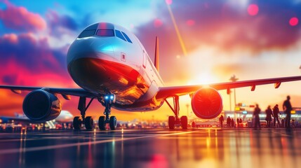 Fototapeta premium An aircraft parked at the airport gate, with bright natural light reflecting off its surface