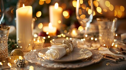 Elegant Christmas Dinner Table Setting with Festive Decorations, Candles, and Holiday-Themed Tableware, Featuring Soft Warm Lighting for a Celebratory Atmosphere