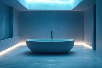 sleek minimalist bathroom bathed in soft blue nighttime glow freestanding oval tub reflects moonlight from skylight creating a serene spalike atmosphere