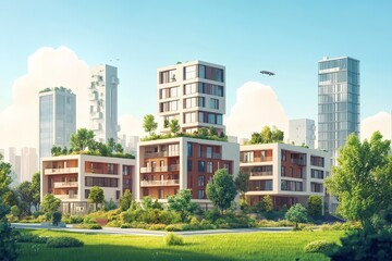 Obraz premium Modern Urban Development: Minimalist Illustration of New Buildings and Green Spaces