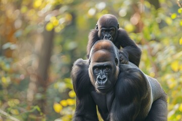 A gorilla with a cub on its back is walking through the forest
