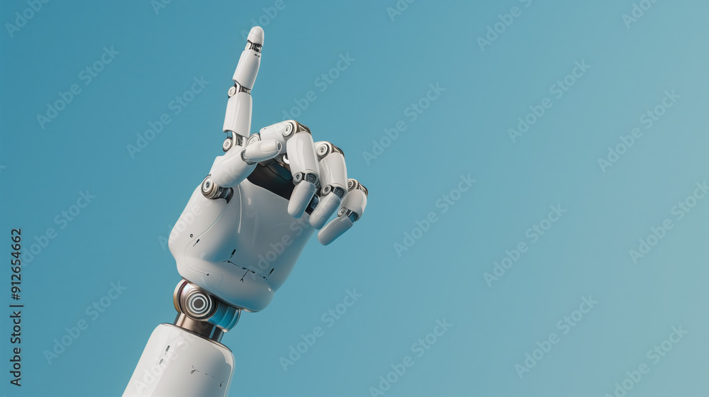 Poster a robot hand is pointing to the sky. the robot is white and has a blue background
