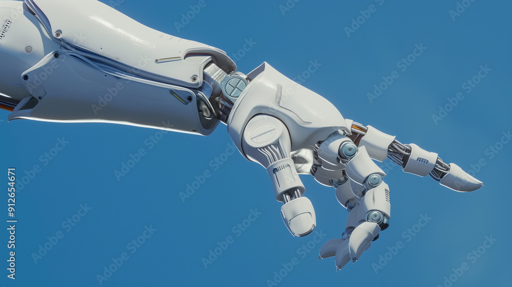 Poster a robot hand is pointing to the sky. the robot is white and has a blue background