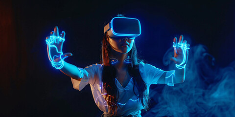 A young woman wearing a VR headset interacts with a virtual world, h. asian woman