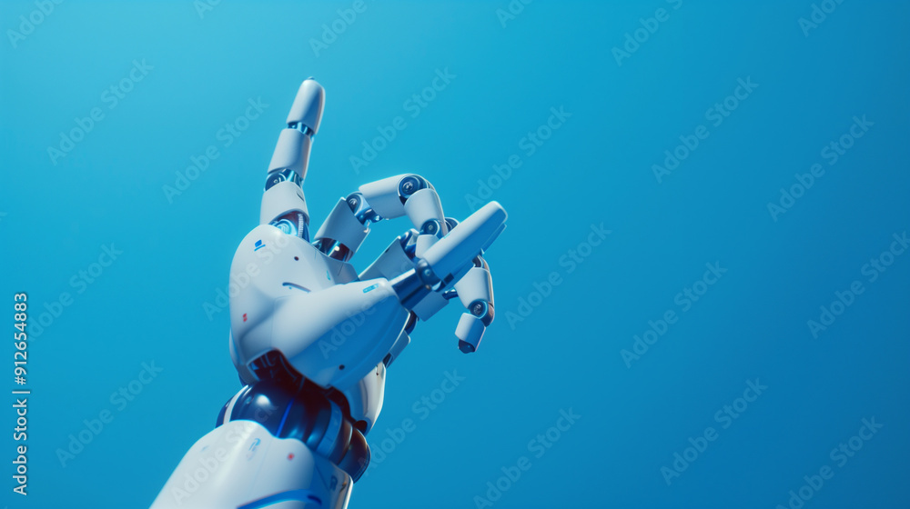 Poster a robot hand is pointing to the sky. the robot is white and has a blue background