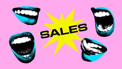 Poster. Contemporary art collage. Blue mouths surrounds starburst with word sales against pink...