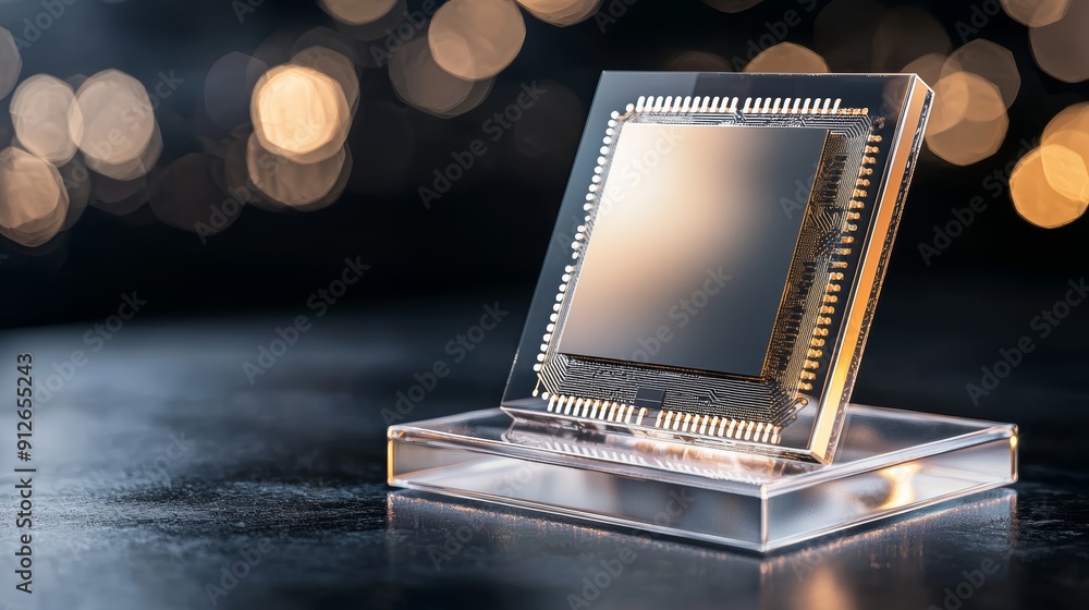 Poster a modern computer processor chip on a clear display stand, with a blurred background of golden bokeh