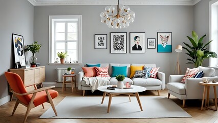 Cozy living room with white couch, orange armchair and a large plant.