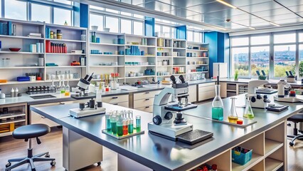 Microscopes, beakers, and lab equipment cluttered on workstations, surrounded by shelves stocked with chemicals and textbooks, in a well-lit, modern university science laboratory setting.