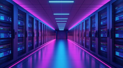 Fototapeta premium In a futuristic data center, there is a blue neon light in a corridor