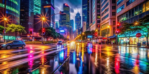 Obraz premium Vibrant cityscape at dusk with speeding cars and colorful neon lights reflecting off wet pavement, radiating urban energy and dynamic nightlife atmosphere.