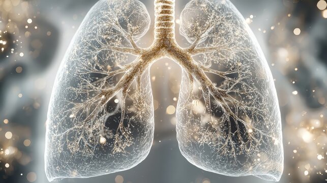 A digital illustration of human lungs with a glowing, ethereal effect.  The image emphasizes the intricate network of airways within the lungs.