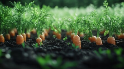 A vibrant carrot field, with lush green tops partly above and partly below the rich, dark soil.