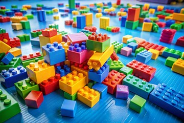 Colorful plastic building blocks scattered around a bright blue floor, with a few blocks stacked up, surrounded by scattered toys and learning aids.