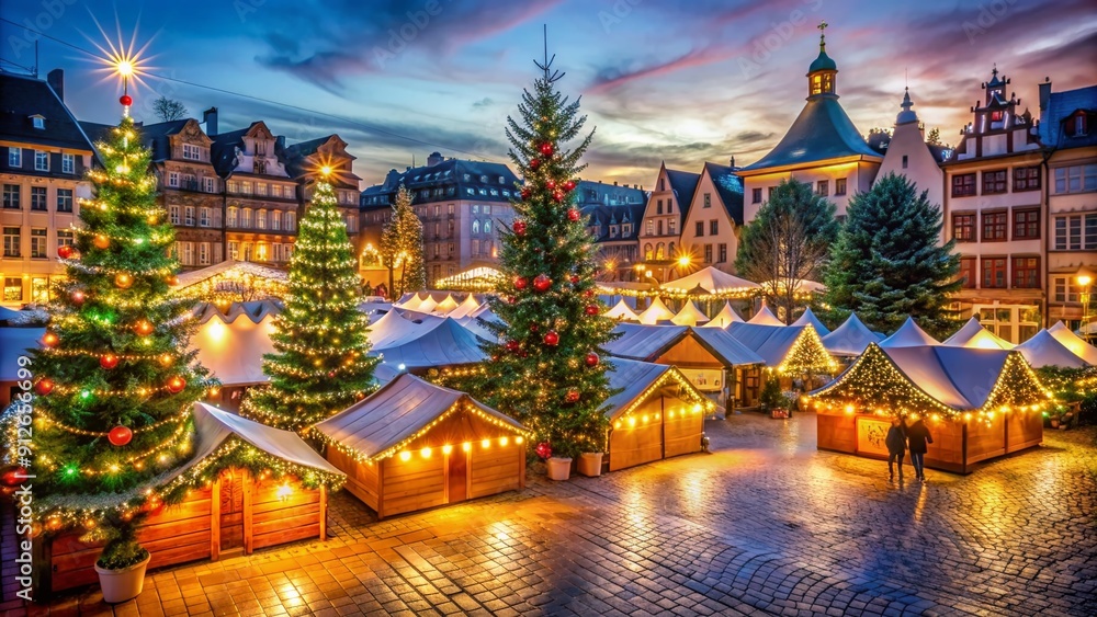 Canvas Prints vibrant christmas market scene featuring festive tents, decorated fir trees, and a cityscape aglow w