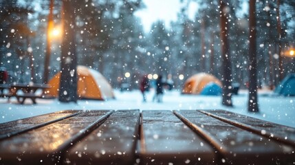 Beautiful blurred background of outdoor camping in the park with tent. Beautiful atmosphere of various seasons while camping with focus on empty table for product display mockup