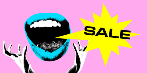 Poster. Contemporary art collage. Overjoyed, happy mouth and hands shouting vibrant speech bubble sale against pink background. Vintage style. Concept of Black Friday, shopping, special offer