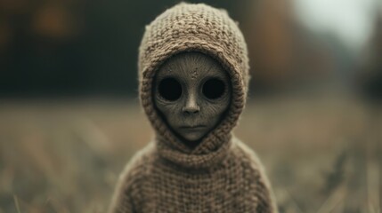 Naklejka premium A ghostly child with hollow eyes, listening to the whispering shadows in the haunted forest