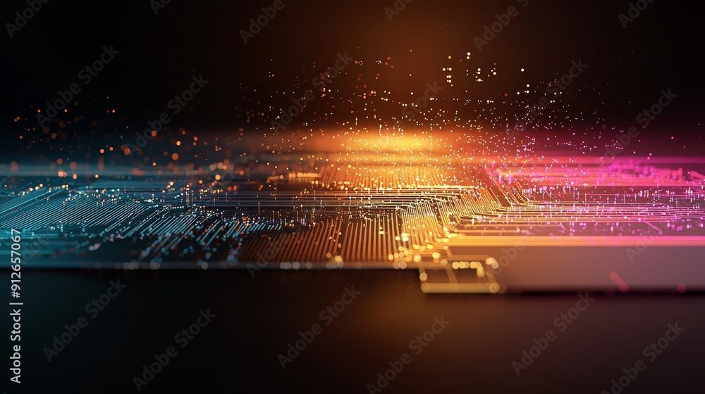 Poster abstract circuit board with glowing light and particles, representing technology and innovation.