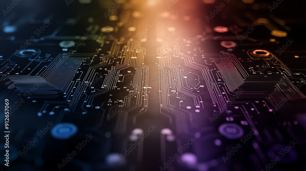 Poster abstract circuit board with colorful light streaks. digital technology concept. high tech background