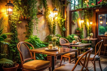 Cozy cafe ambiance with empty table set for two, soft lighting, and lush greenery, conveying a sense of romantic warmth and intimacy.