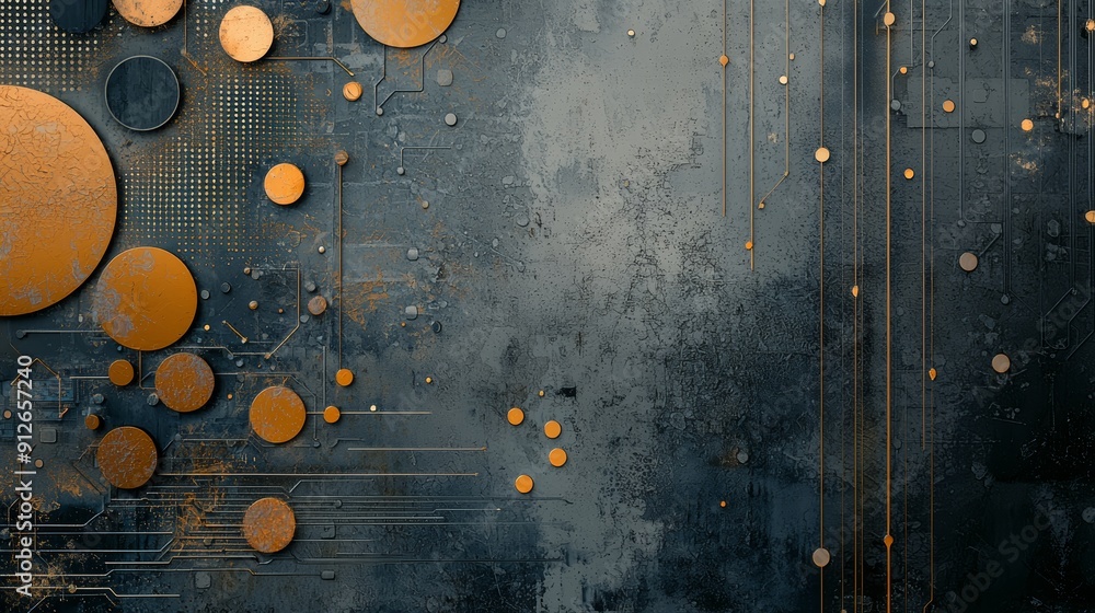 Poster abstract digital art featuring gold circles on a textured, dark background with lines and points, ev